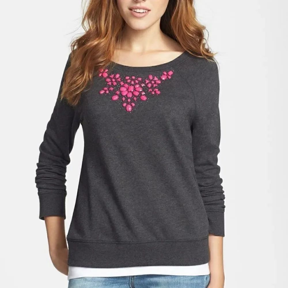 Fresh Gray and Pink Jeweled Neckline Sweater